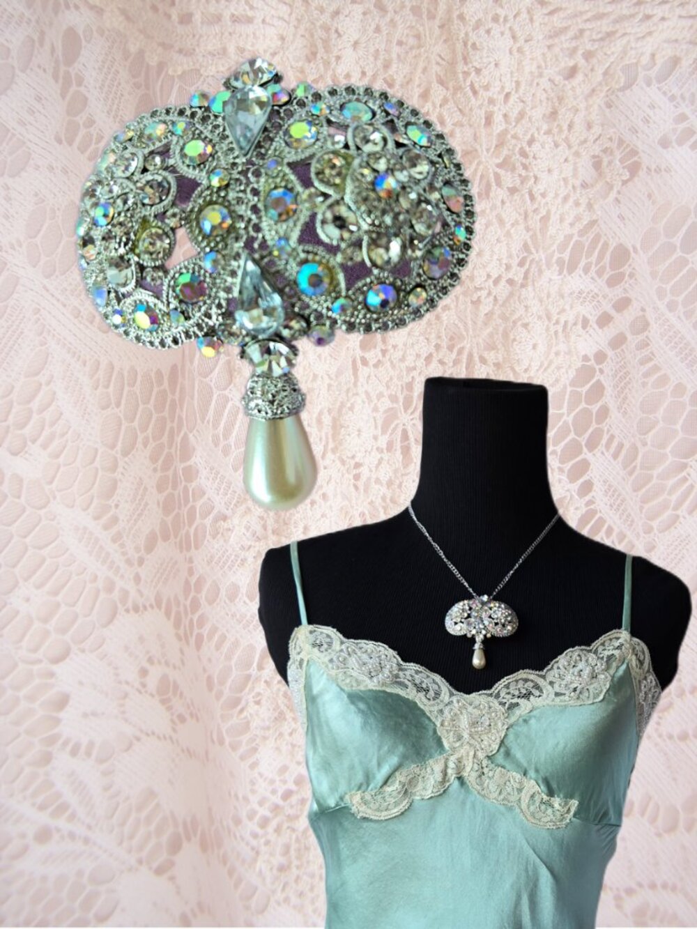 Crystal & Pearl Brooch Art-Deco-Style Romantic Glam